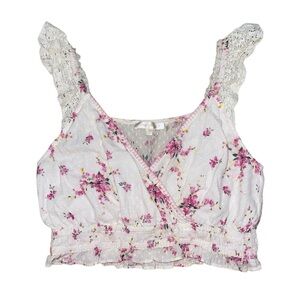 Love Shack Fancy white pink floral lace crochet sleeve crop tank women’s size L